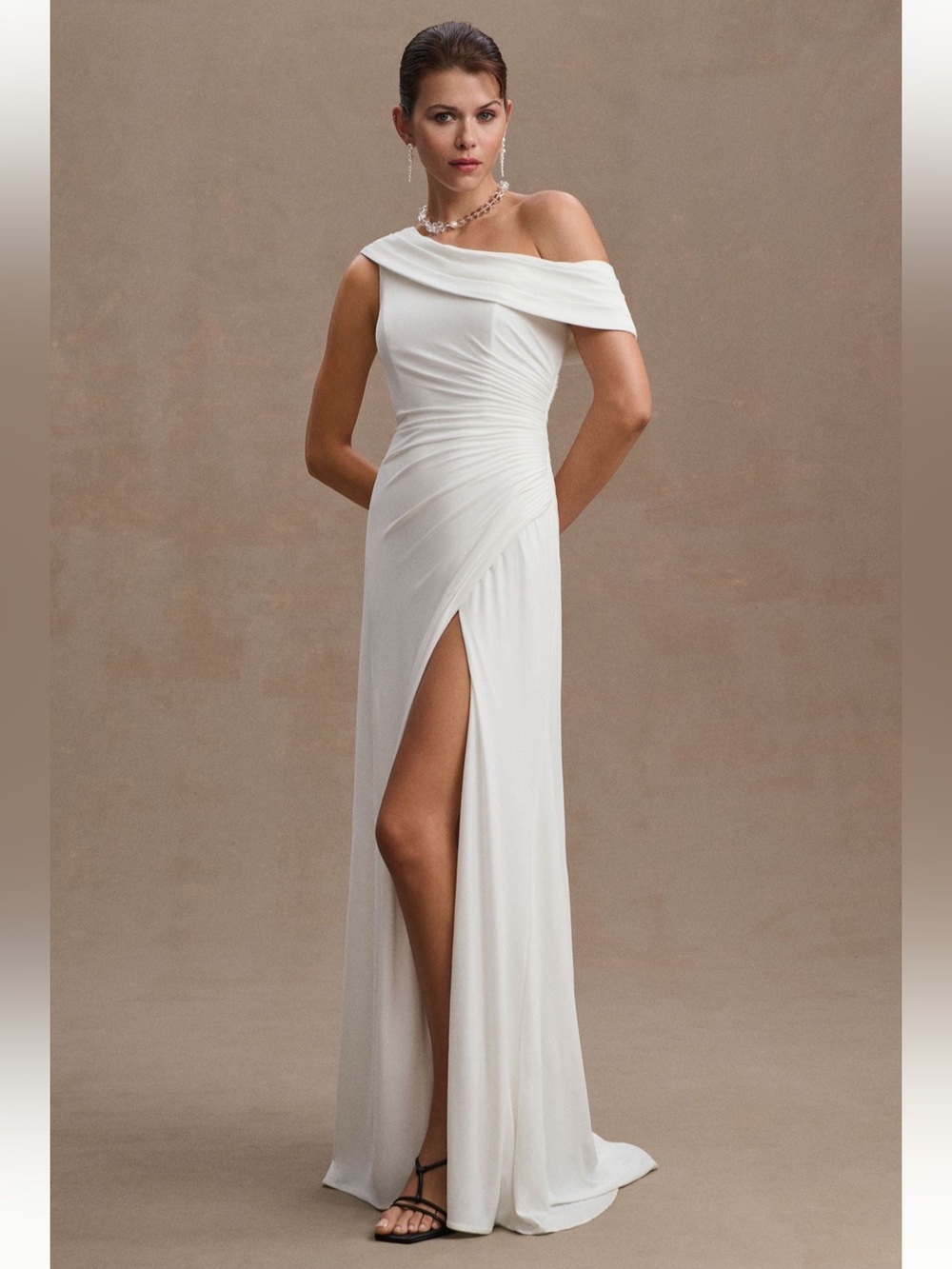 Ienna for Mac Duggal 26517 Flawed White Off-the-Shoulder Ruched Gown